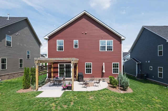 rear view of property with central AC, a patio area, a yard, and a pergola