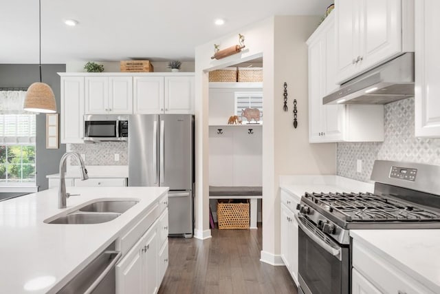 kitchen featuring dark wood-type flooring, light countertops, under cabinet range hood, a sink, and appliances with stainless steel finishes