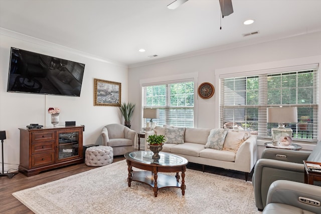 206 Hart Ln, Lebanon, TN 37087 - living room featuring ceiling fan, recessed lighting, wood finished floors, visible vents, and ornamental molding
