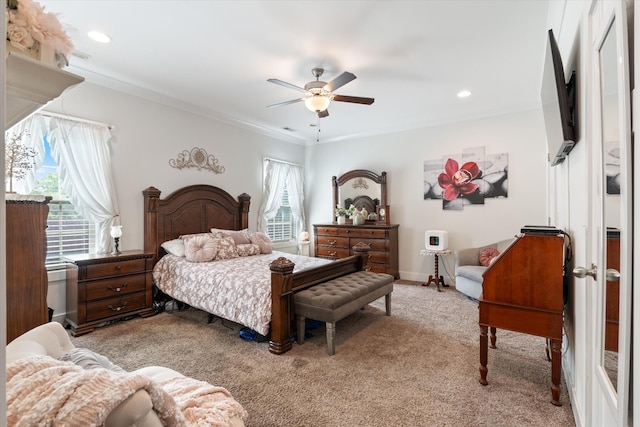 206 Hart Ln, Lebanon, TN 37087 - bedroom featuring ornamental molding, light carpet, recessed lighting, and ceiling fan
