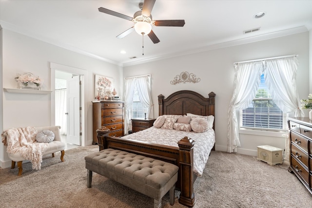 206 Hart Ln, Lebanon, TN 37087 - bedroom featuring crown molding, a ceiling fan, light colored carpet, and visible vents
