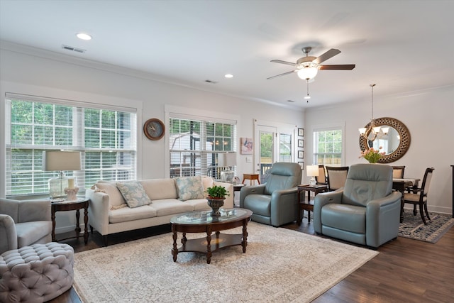 206 Hart Ln, Lebanon, TN 37087 - living area with visible vents, ceiling fan with notable chandelier, ornamental molding, recessed lighting, and dark wood-type flooring