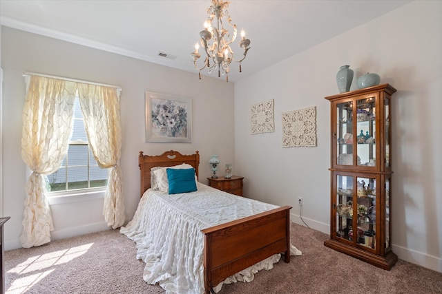 206 Hart Ln, Lebanon, TN 37087 - bedroom with baseboards, carpet, a chandelier, and visible vents