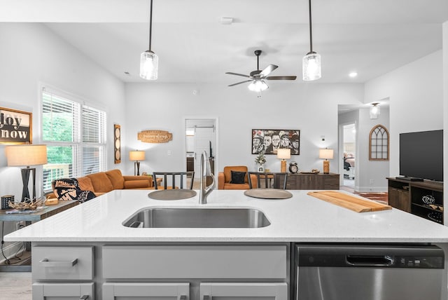 532 Herman Dr, Clarksville, TN 37042 - kitchen featuring dishwasher, open floor plan, a sink, ceiling fan, and hanging light fixtures