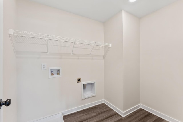laundry room with laundry area, baseboards, hookup for an electric dryer, dark wood finished floors, and washer hookup