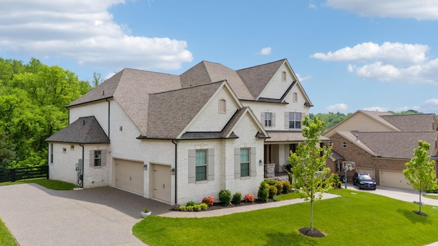 view of front of house with aphalt driveway, a garage, fence, a front lawn, and a shingled roof