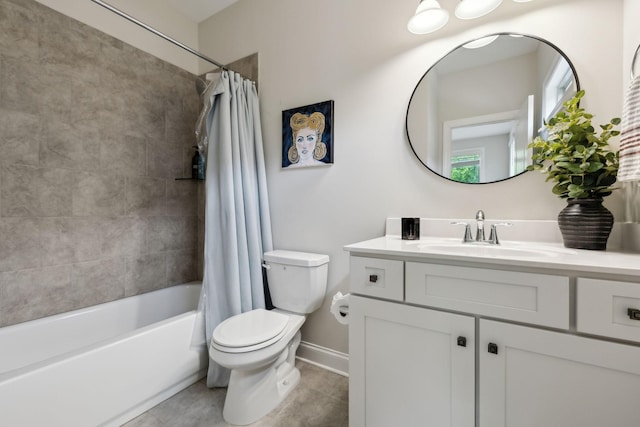 full bath featuring vanity, toilet, tile patterned floors, shower / bath combination with curtain, and baseboards