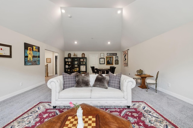 living room with carpet floors, recessed lighting, baseboards, and lofted ceiling