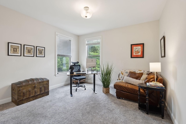 carpeted home office with baseboards