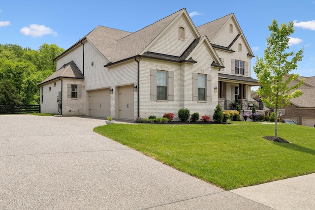 french country style house with roof with shingles, fence, brick siding, a front yard, and concrete driveway