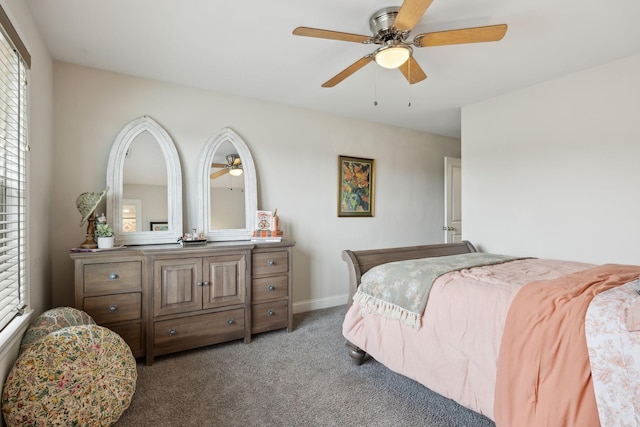 bedroom featuring baseboards, carpet, and ceiling fan