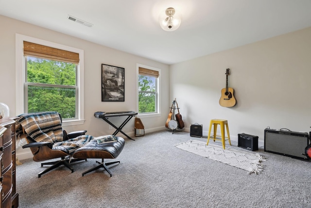 interior space with carpet floors, baseboards, and visible vents