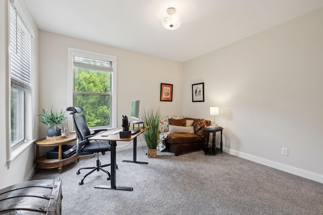 carpeted home office with baseboards