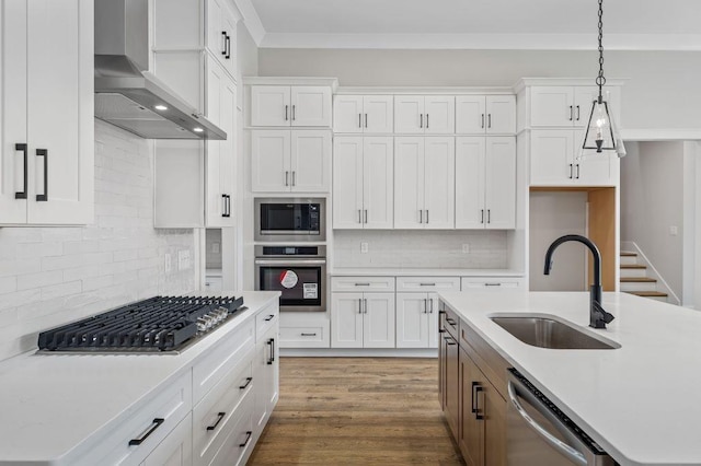 kitchen with white cabinets, appliances with stainless steel finishes, a sink, and wall chimney exhaust hood