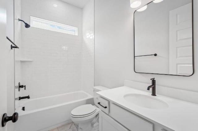 bathroom with vanity, toilet, shower / tub combination, and marble finish floor