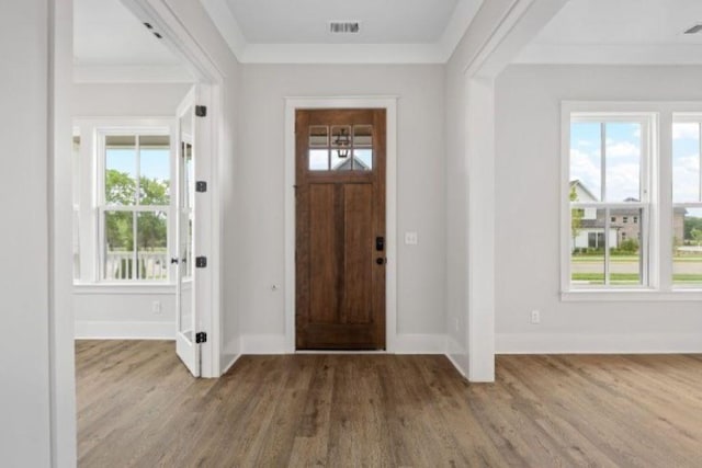 entryway featuring baseboards, a healthy amount of sunlight, and wood finished floors