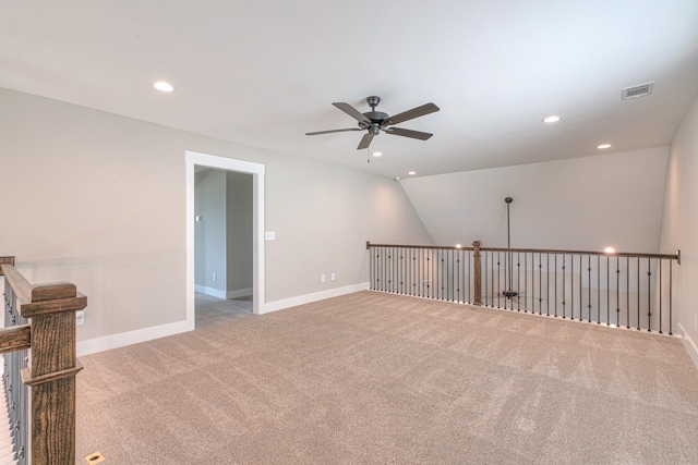 unfurnished room featuring visible vents, recessed lighting, carpet, and ceiling fan