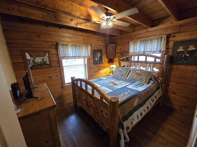 bedroom featuring wood walls, beam ceiling, dark wood-style floors, and multiple windows