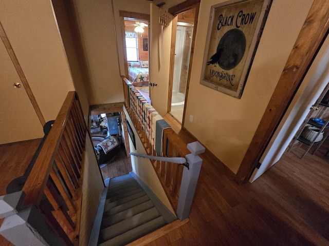 stairs with a ceiling fan and wood finished floors