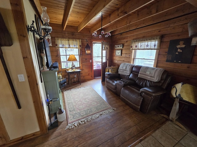 living room featuring wood-type flooring, wood walls, wooden ceiling, and beamed ceiling