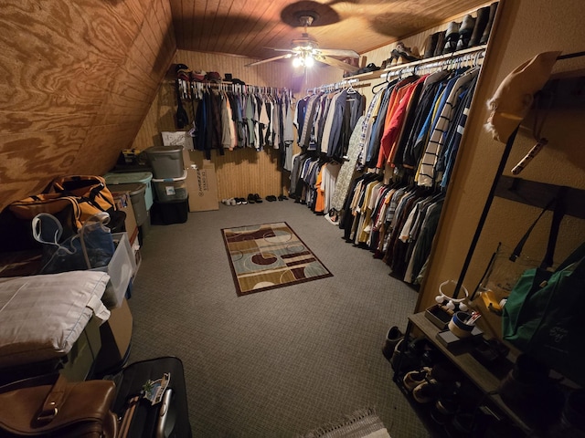walk in closet featuring carpet floors and a ceiling fan