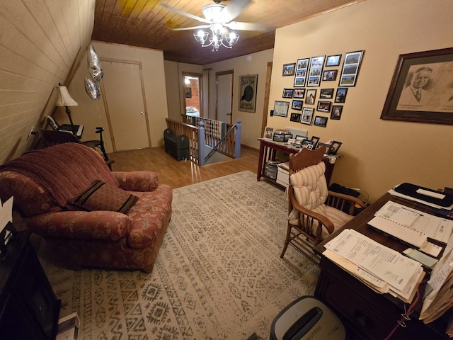 office area featuring ceiling fan, vaulted ceiling, wooden ceiling, and wood finished floors