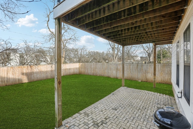 view of yard featuring a fenced backyard and a patio