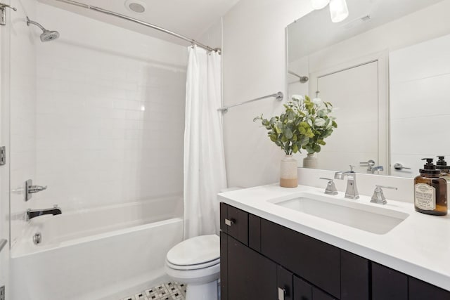 full bathroom featuring vanity, shower / tub combo, visible vents, and toilet