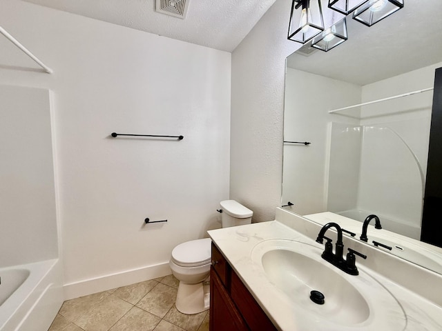 full bath featuring visible vents, vanity, toilet, bathtub / shower combination, and tile patterned floors