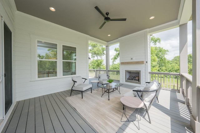 1052 Wetzel Dr, Franklin, TN 37064 - wooden terrace with an outdoor living space with a fireplace and a ceiling fan
