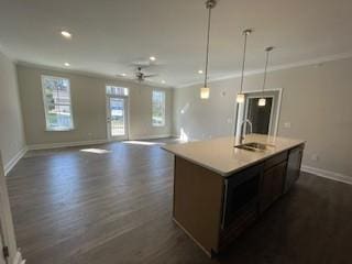kitchen featuring dark wood-style flooring, a kitchen island with sink, baseboards, open floor plan, and a sink