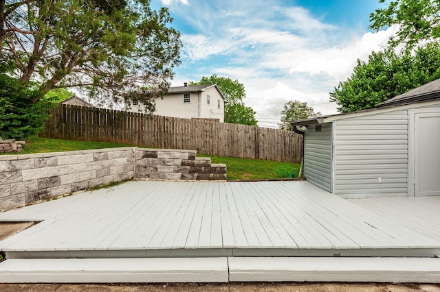 wooden terrace with a fenced backyard
