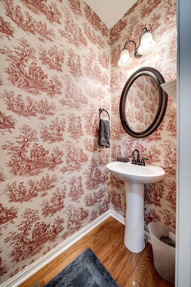 116 N Wynridge Way, Goodlettsville, TN 37072 - bathroom with wood finished floors, wallpapered walls, baseboards, and a sink