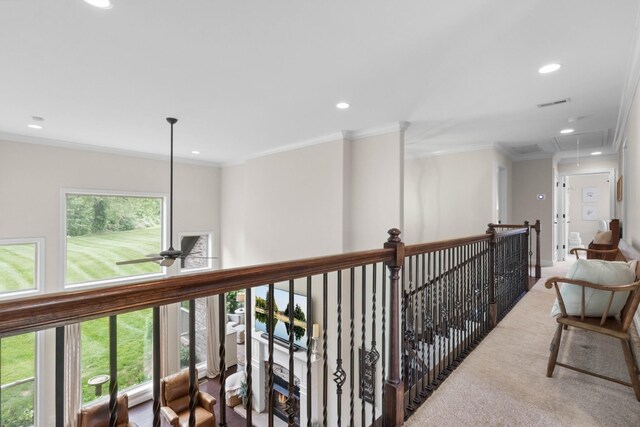 hallway featuring ornamental molding, attic access, recessed lighting, and visible vents
