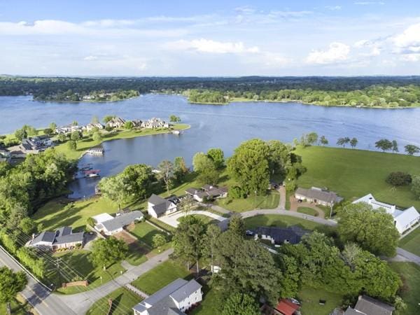 drone / aerial view featuring a water view