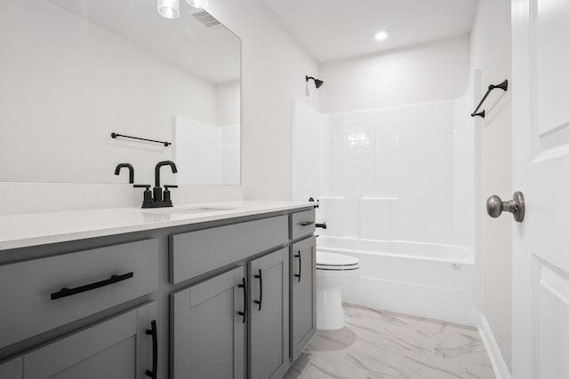 bathroom featuring bathtub / shower combination, vanity, baseboards, toilet, and marble finish floor
