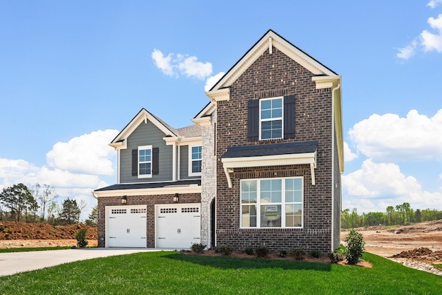 view of front of house featuring concrete driveway, brick siding, an attached garage, and a front lawn