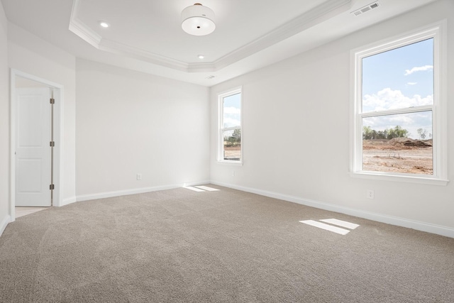 spare room featuring crown molding, a raised ceiling, baseboards, and visible vents