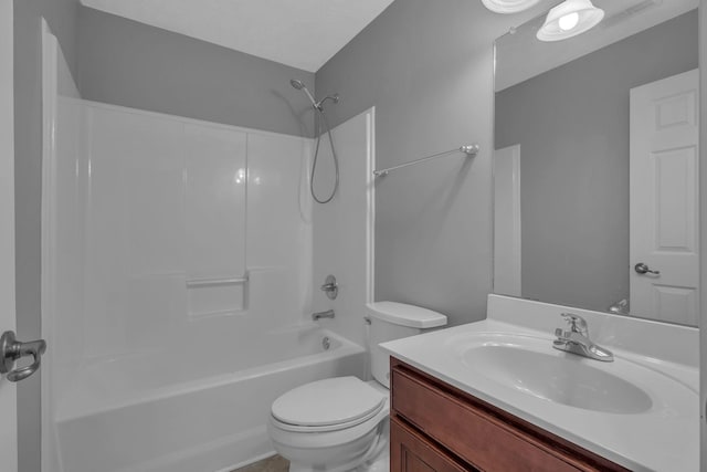 full bath featuring toilet, shower / washtub combination, visible vents, and vanity