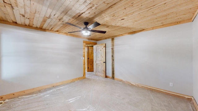 empty room featuring wooden ceiling, baseboards, and a ceiling fan