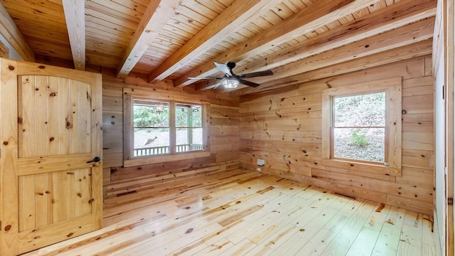 additional living space with wooden walls, light wood finished floors, a ceiling fan, wooden ceiling, and beamed ceiling