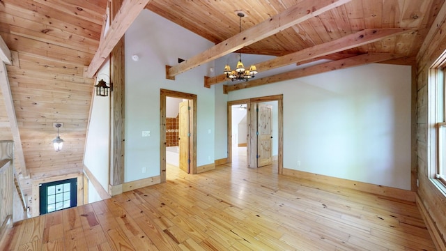 interior space with wood-type flooring, vaulted ceiling with beams, a chandelier, and wood ceiling