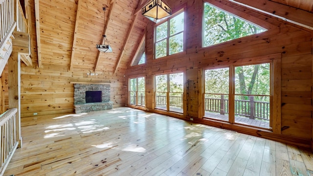 unfurnished living room featuring wood-type flooring, high vaulted ceiling, wood walls, beamed ceiling, and wood ceiling