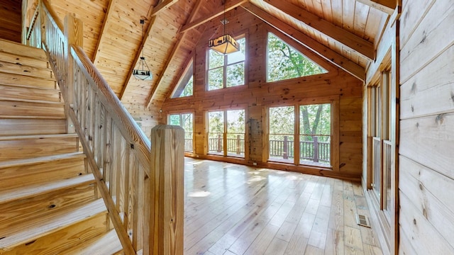 interior space featuring wooden walls, visible vents, wood ceiling, and wood-type flooring