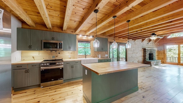 kitchen with butcher block countertops, gray cabinets, a sink, light wood finished floors, and appliances with stainless steel finishes