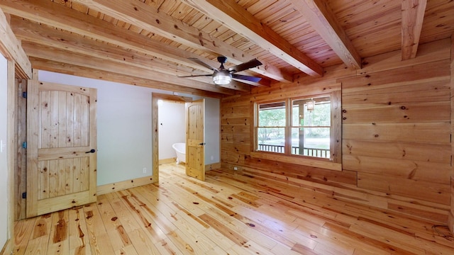 empty room with beam ceiling, ceiling fan, wooden walls, wooden ceiling, and light wood-style flooring