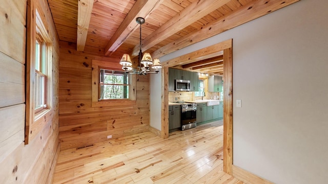 unfurnished dining area with wood ceiling, light wood-type flooring, beam ceiling, wooden walls, and an inviting chandelier