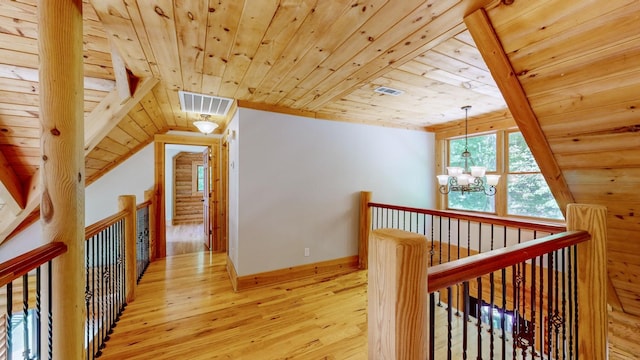hallway featuring a notable chandelier, visible vents, wood ceiling, and light wood-style floors