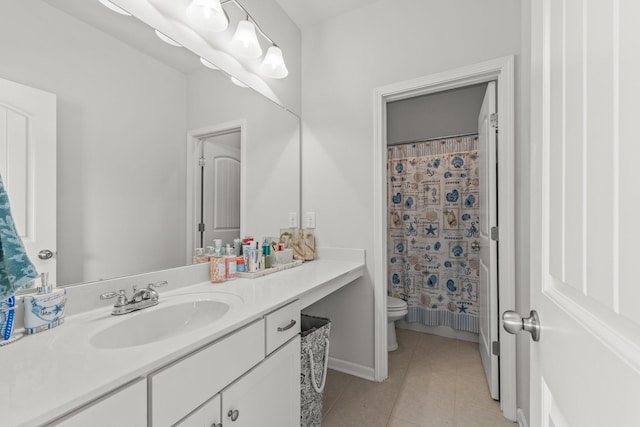bathroom featuring toilet, a shower with curtain, tile patterned flooring, and vanity