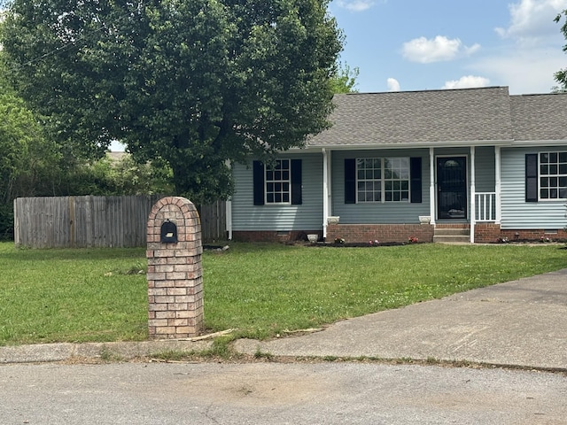 ranch-style house with covered porch, crawl space, a front yard, fence, and a shingled roof